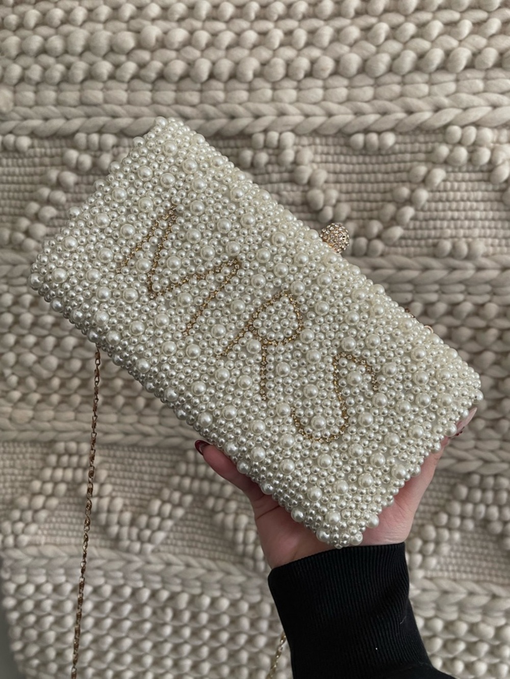 Pearl-Embellished MRS. Women’s Clutch Bag with Chain Strap